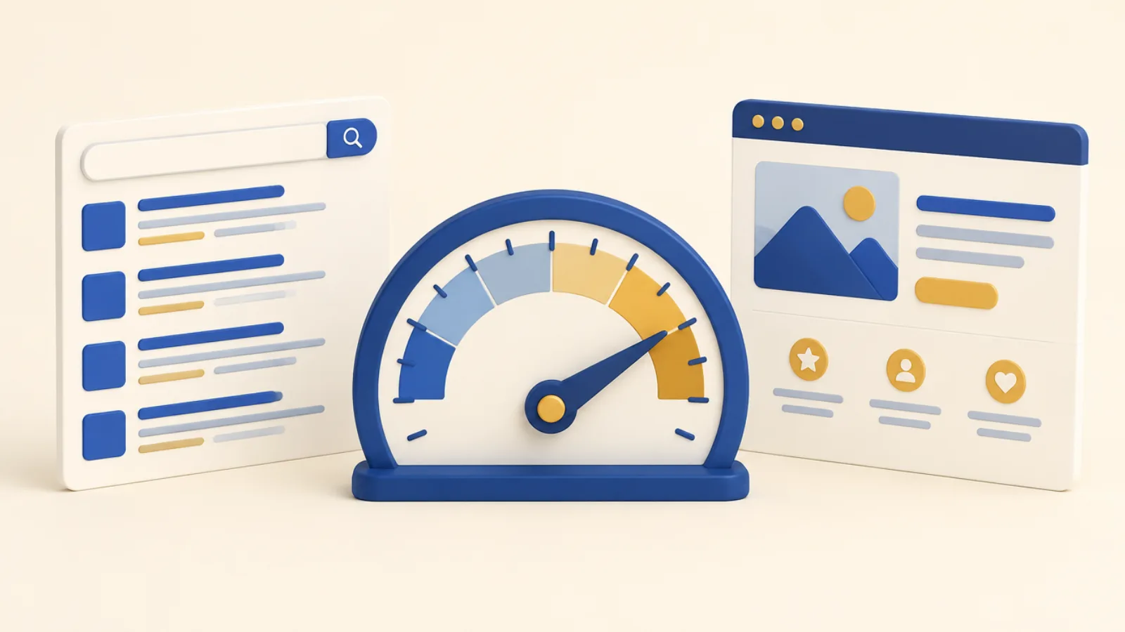 Illustration of a gauge meter next to a search result card and a landing page card