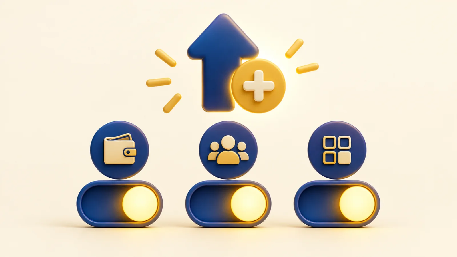 Illustration of three switched-on toggles for budget, audience and placements with an upward arrow