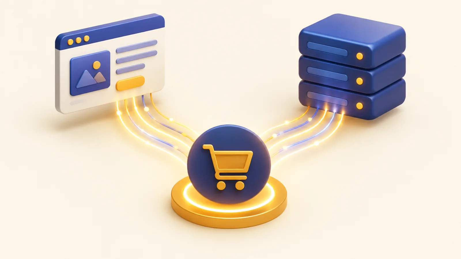 Illustration of a browser window and a server both sending data lines to one shopping cart target