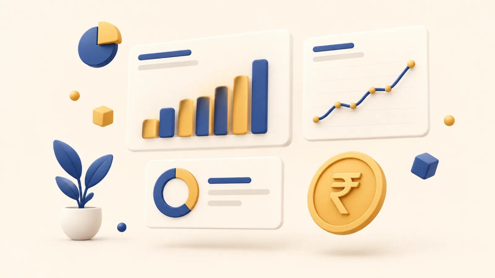 Illustration of an analytics dashboard with bar chart, line chart, percentage ring and rupee coin