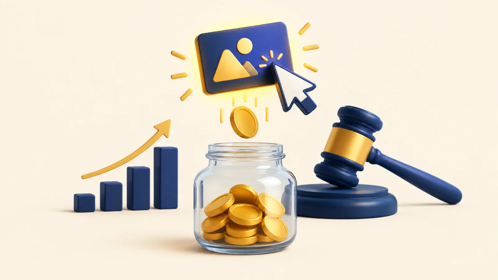 Illustration of a cursor clicking an ad that drops a coin into a jar next to an auction gavel